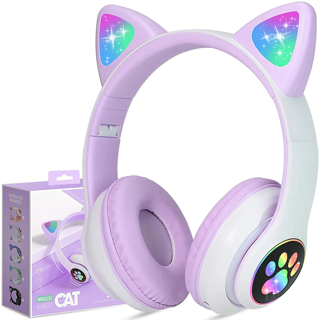 Wireless Headphones  Cat Ear LED Light up Bluetooth Foldable Headphones over Ear W/Microphone for Online Distant